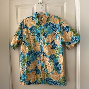 Men's Tori Richard Button-Up Hawaiian Shirt Green, Blue & Yellow Floral M Cotton